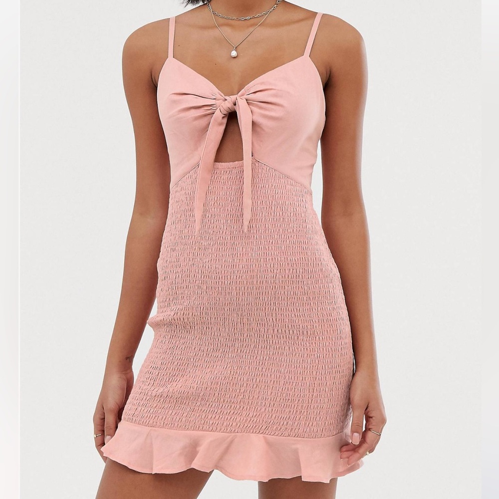ASOS Pink Tie-Front Smocked Mini Dress